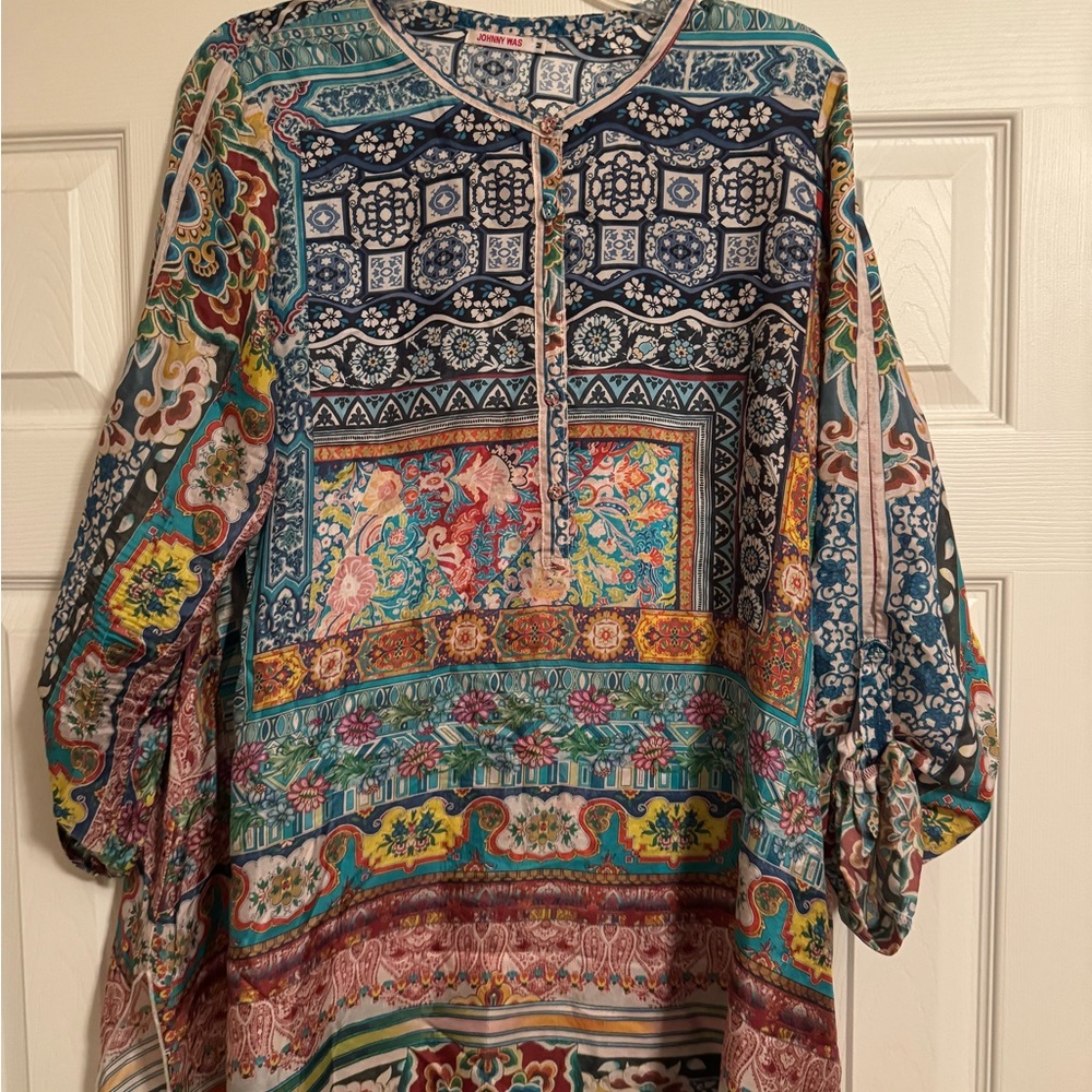Johnny Was Green Boxy Tunic with Mandarin Collar